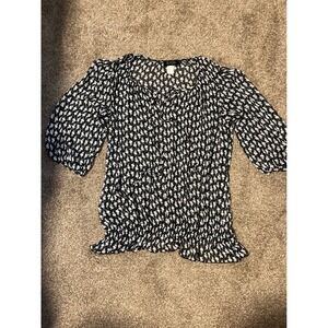 Zoe Skye Black White Floral Print Sheer V-Neck 3/4 Sleeve Blouse Women's Small